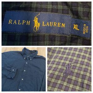 Ralph Lauren Mens Long Sleeve Button Down Plaid Pony Shirt Green Blue XL‎